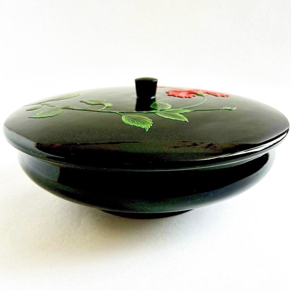 Vintage Bembo Okinawa Hibiscus Lacquerware Japanese Candy Box with Lid - Picture 2 of 9